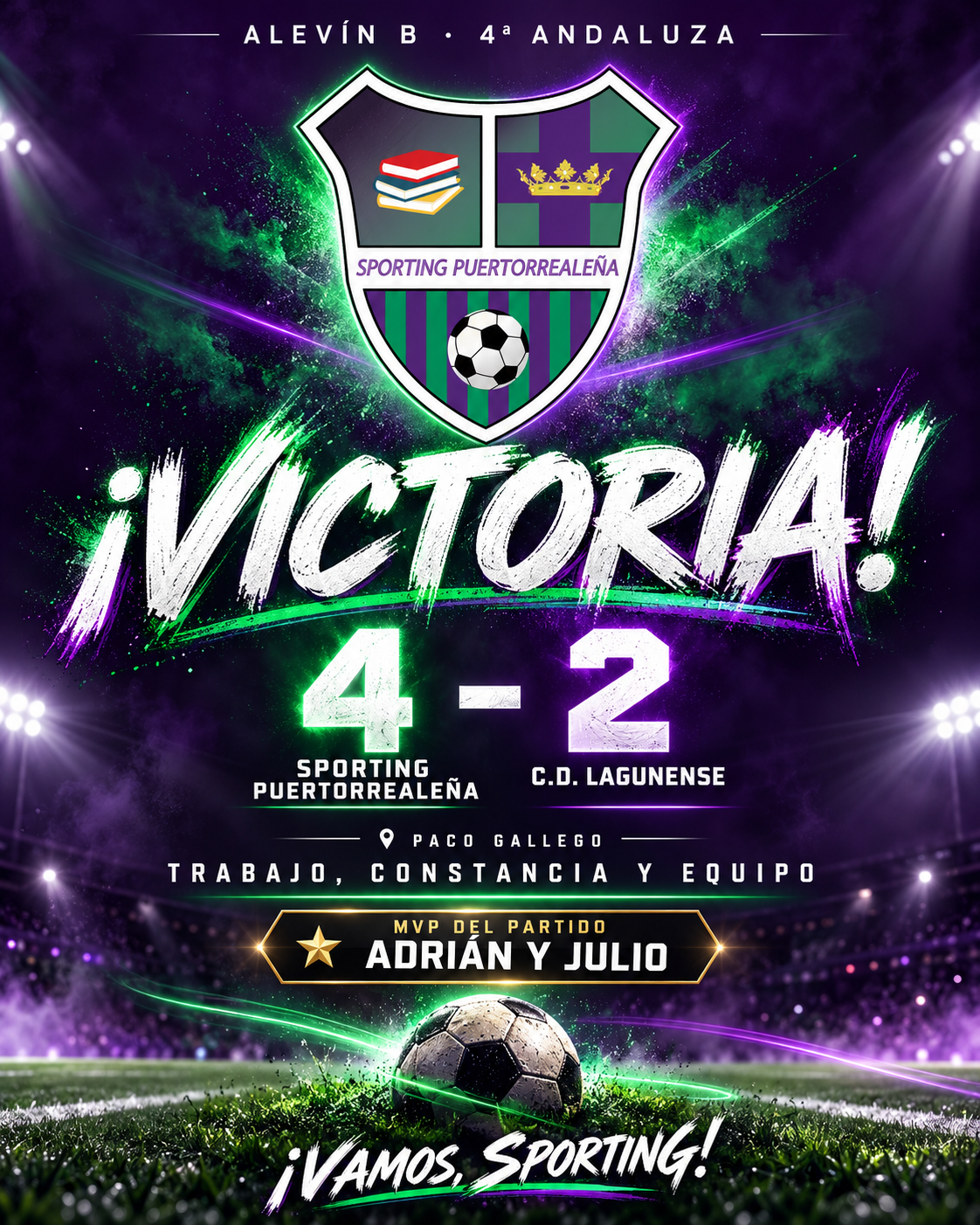 Cartel de victoria del Alevín B del Sporting Puertorrealeña frente al C.D. Lagunense