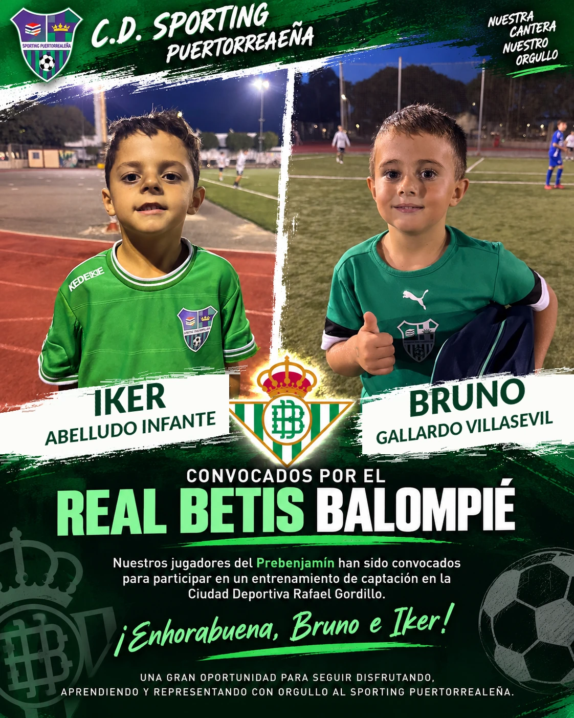 Cartel de Iker Abelludo Infante y Bruno Gallardo Villasevil convocados por el Real Betis Balompié