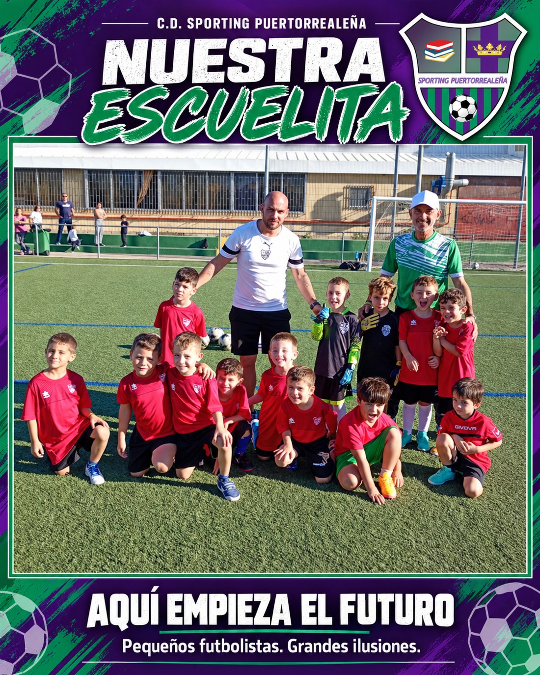 Cartel Nuestra Escuelita del Sporting con la fotografía del equipo y sus monitores